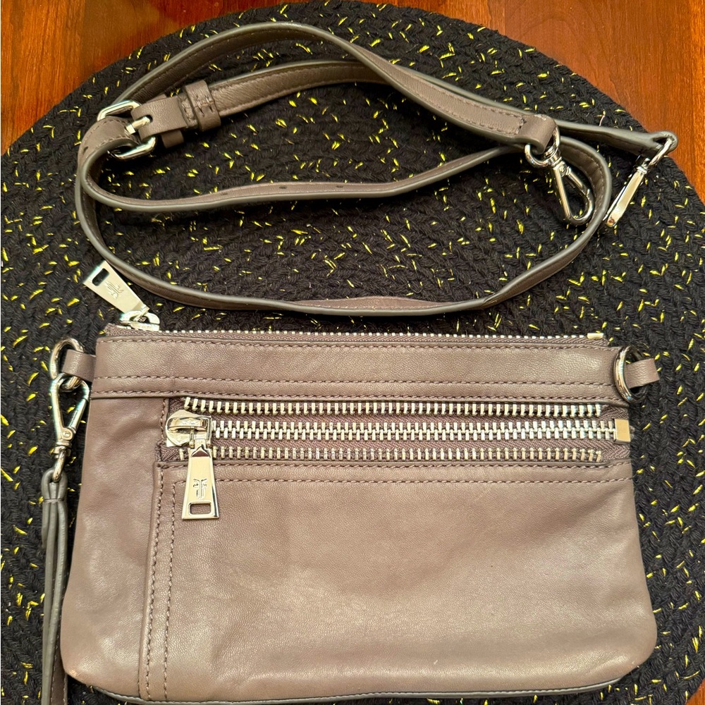 Frye gray leather wristlet with attachable strap